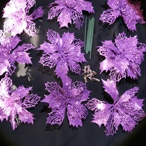 Purple Glitter Poinsettia Floral Picks - Decorative Party Accents. 10 Pieces